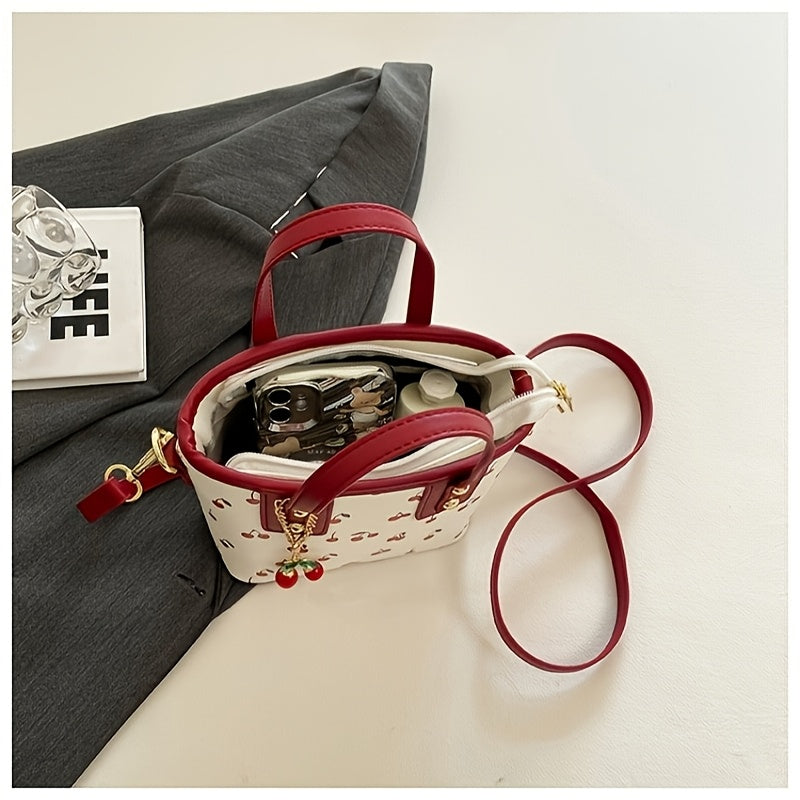 Women's Cherry Pattern Bucket Bag with Detachable Charm, Zipper Closure, Large Capacity Fashionable Crossbody Bag in Red/White, Perfect for Shopping, Commuting, or Gift Giving, Versatile Crossbody Bag | Playful Cherry Design